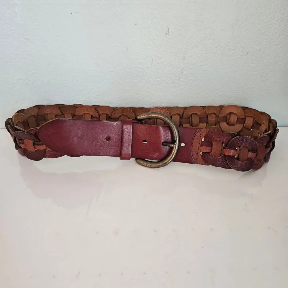 Vintage Fossil Leather Belt Chain Woven Western Tooled Brown Burgundy Cowgirl